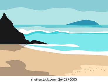 Seaside landscape with sandy beach and ocean waves. Flat design illustration for travel and summer holiday concepts and relaxation.