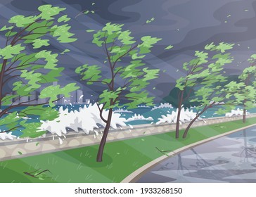 Seaside Landscape With Storm In Ocean, Huge Waves And Trees On High Wind Along Coast. Natural Disaster Hurricane Incoming On Sea.  Simple Vector Illustration In Flat Cartoon Style.