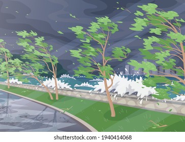 Seaside landscape with storm in ocean, huge waves and deciduous trees on high wind along coast. Natural disaster hurricane incoming on sea.  Simple vector illustration in flat cartoon style.