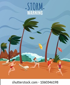 Seaside landscape with storm warning at beach symbols flat  vector illustration 