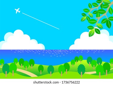 seaside landscape in Summer and air plane clouds