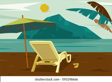 Seaside landscape with sun bed on the beach. Flat style illustration.