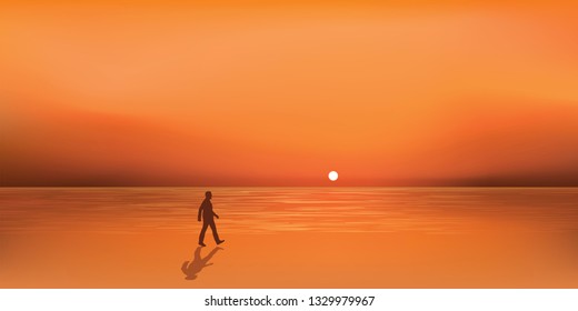 Seaside landscape at sunset with a man walking alone on the beach trying to escape or find inspiration.