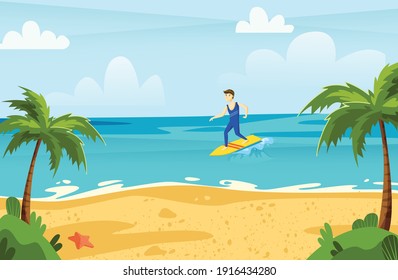 seaside landscape with surfer, sunny background with beach, palms and surfer