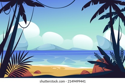 Seaside landscape or tropical scape, vector banner