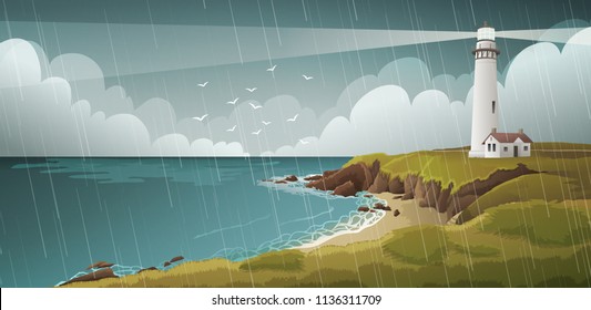 Seaside landscape with white lighthouse under stormy sky and rain.Vector illustration.