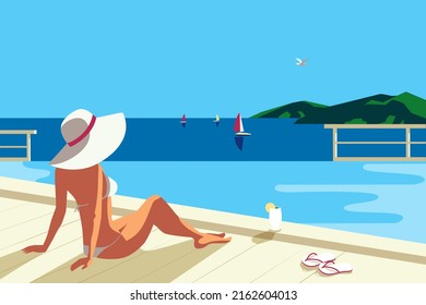 Seaside leisure relax tourist resort vector poster. Female in swimming pool enjoy sea landscape. Blue ocean nature outdoor scenic view background. Holiday vacation season sea travel recreation concept - Shutterstock ID 2162604013