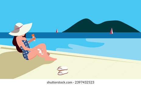 Seaside leisure relax tourist resort vector poster. Female in swimming pool enjoy sea landscape. Blue ocean nature outdoor scenic view background. Holiday vacation season sea travel recreation concept
