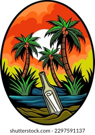 Seaside lettering bottle vector illustration