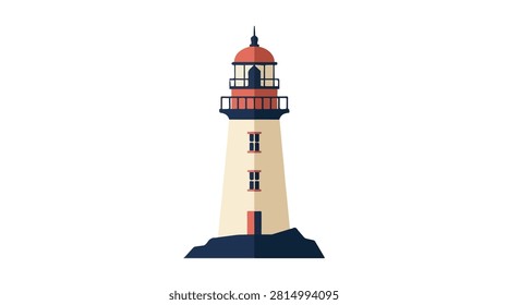 Seaside lighthouse with distinctive red and white coloring standing tall on rocks under a night sky representing guidance and maritime safety