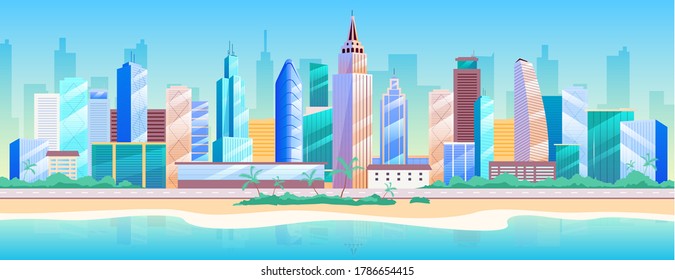 Seaside metropolis flat color vector illustration. Modern 2D cartoon cityscape with skyscrapers on background. Urban resort, summer recreation. City landscape with building near beach