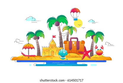 At the Seaside - modern vector line travel illustration. Discover island paradise. Have a trip, enjoy your vacation. Build sandcastles and swim in the ocean, kick back and rest.