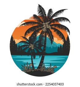 diseño de logotipo de montaña de la costa y puesta de sol. montañas al atardecer y cocoteros