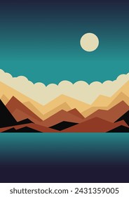Seaside and mountains landscape illustration poster. Dusk panorama near lake.