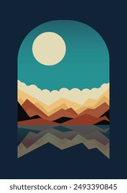 Seaside and mountains landscape illustration view. Dusk panorama near lake 2d poster.