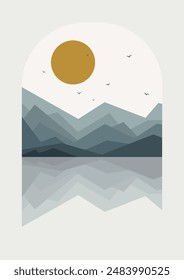 Seaside and mountains view illustration poster. Yellowstone park minimalistic vector cartoon 2d art