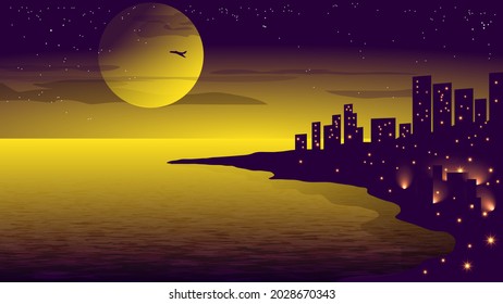 seaside night landscape. silhouettes of the city on the coast of the bay, a flying plane against the background of the ocean, night sky with a huge moon, clouds, stars. vector