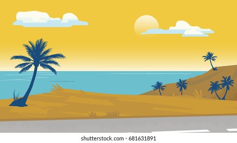 Seaside palm trees and a boat Vector illustration background template for advertise, travel agency, banner, project
