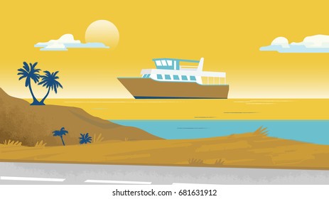 Seaside palm trees and a boat Vector illustration background template for advertise, travel agency, banner, project