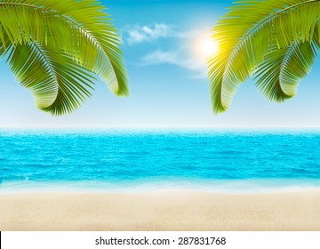 Seaside with palms and a beach. Vector.