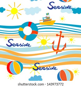 Seaside Pattern With Boat, Life Buoy, Anchor And Beach Balls Over Waves