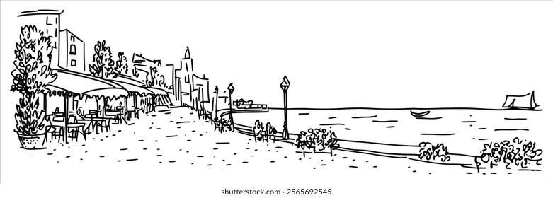 seaside promenade with cafes and sailing boats illustration