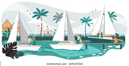 Seaside promenade summer landscape, people on yacht in sea, tropical resort and palm trees on beach cartoon vector illustration. Seafront promenade vacation romantic boats with couples.