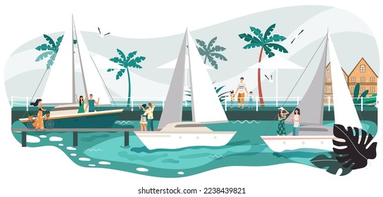 Paisaje veraniego en el paseo marítimo, gente en yates en el mar, resort tropical y palmeras en la caricatura de la playa ilustración vectorial.