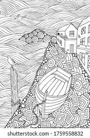 Seaside promenade. Wooden boat lying on the shore. Adult coloring book page in zentangle style. Black and white. Doodle.