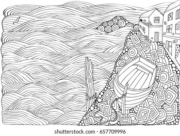 Seaside promenade. Wooden boat lying on the shore. Adult coloring book page in zentangle style. A4 size. Black and white. Doodle. Vector.