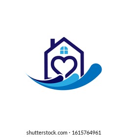 Seaside real estate logo template,home wave logo vektor illutration for company,apartment icon. House on Water wave Logotype concept icon.