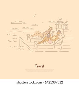 Seaside recreation, couple, friends sunbathing in deck-chairs, suntanned man reading book on sea resort banner