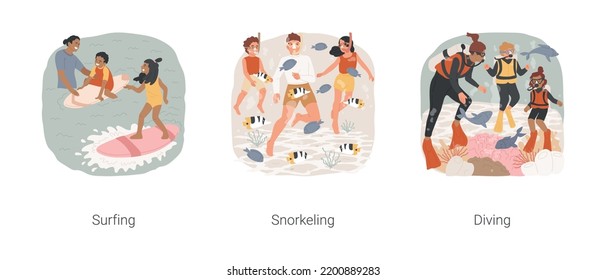 Seaside recreation isolated cartoon vector illustration set. Family surfing class, children stand up on surfboard, snorkeling, swimming with mask, diving together, seaside activity vector cartoon.