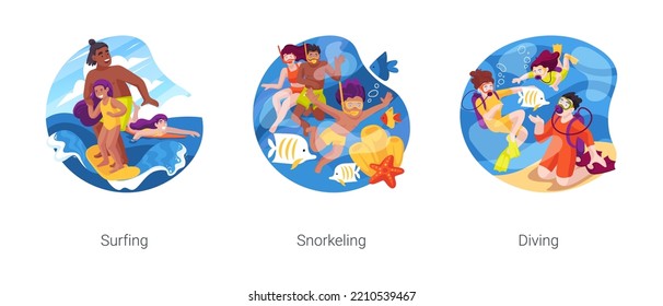 Seaside recreation isolated cartoon vector illustration set. Family surfing class, children stand up on surfboard, snorkeling, swimming with mask, diving together, seaside activity vector cartoon.