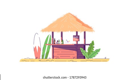 Imagen de vector de color RGB semiplana de refresco costero. Pub para tomar una copa en un complejo tropical. Entretenimiento de Hawái. Relajación de viajes. Bar de cócteles de playa objeto de dibujos animados aislados sobre fondo blanco