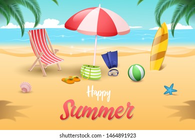 Seaside relax vector banner template. Water sports tools, scuba diving, surfing equipment on sandy beach. Seashells, starfish, tropical palm leaves summertime postcard design layout