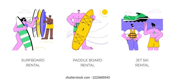 Seaside rentals isolated cartoon vector illustrations set. Group of people choosing surfboard for rent, young man holding a rental paddle board, renting jet ski, vacation at the sea vector cartoon.