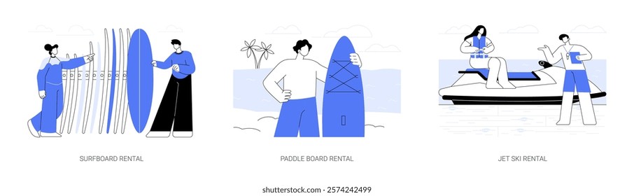 Seaside rentals isolated cartoon vector illustrations set. Group of people choosing surfboard for rent, young man holding a rental paddle board, renting jet ski, vacation at the sea vector cartoon.