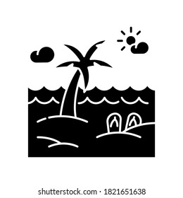 Seaside resort black glyph icon. Summer vacation, tropical tourism, paradise island silhouette symbol on white space. Recreation on exotic beach, sea shore with palm tree vector isolated illustration
