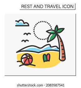 Seaside resort color icon. Seacoast recreation in a tropical country. Summer beach vacation. Paradise Island. Summer holidays. Tourism types concept. Isolated vector illustration