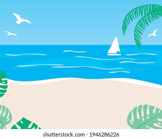 A seaside resort as a copy space template. Flat vector stock illustration. Backdrop with place for text. Beach resort with copspace yacht. Background with the sea, no people