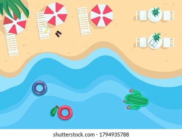 Seaside resort flat color vector illustration. Sandy tourist beach with umbrellas. Pool floats on water. Summer relaxation. Beach vacations 2D cartoon landscape with nature on background