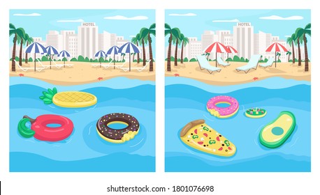 Seaside resort and inflatables flat color vector illustration set. Pizza and donut shaped floats. Air mattresses. Summertime. 2D cartoon landscape with cityscape on background collection