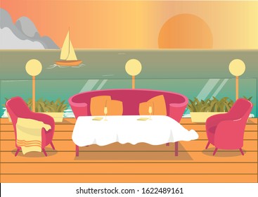 Seaside Resort or Luxury Hotel Restaurant Terrace or Balcony with Sea View. Romantic Dining Place or Lounge Recreation Hall on Open Air with Tables and Chairs. Flat Cartoon Vector Illustration.