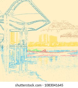 Seaside resort in the mountains with beach and boat. drawing with colored pencils on yellow paper.