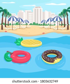 Seaside resort and pool floats flat color vector illustration. Apple and pineapple floats. Empty city beach. Summer recreation 2D cartoon landscape with cityscape on background