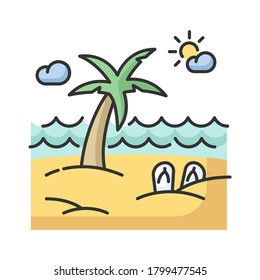 Seaside resort RGB color icon. Summer vacation, tropical tourism, paradise island. Recreation on exotic beach, sea shore with palm tree isolated vector illustration