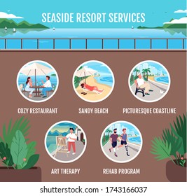 Seaside resort services flat color vector informational infographic template. Poster, booklet, PPT page concept design with cartoon characters. Advertising flyer, leaflet, info banner idea