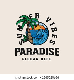 Seaside resort vacation vector lineart illustration. Lineart palm trees on beach. badge logo template