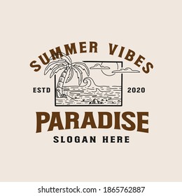 Seaside resort vacation vector lineart illustration. Lineart palm trees on beach. badge logo template